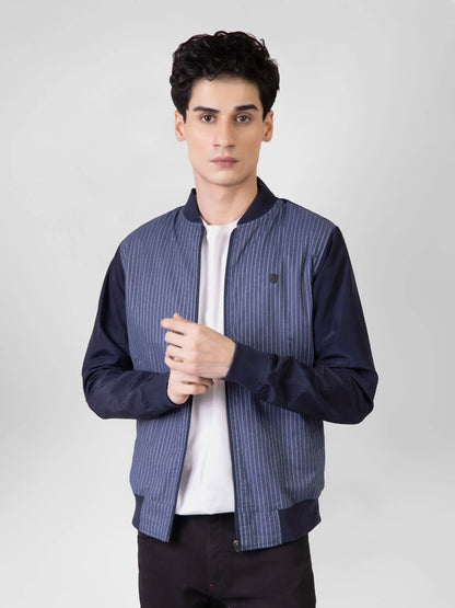 Men's blue striped bomber jacket with stand collar and zip front, chest logo