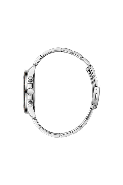 Silver metal link wristwatch bracelet and case side with round crown