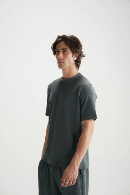 Gray short-sleeve T-shirt, crew neck, with matching shorts waistband detail