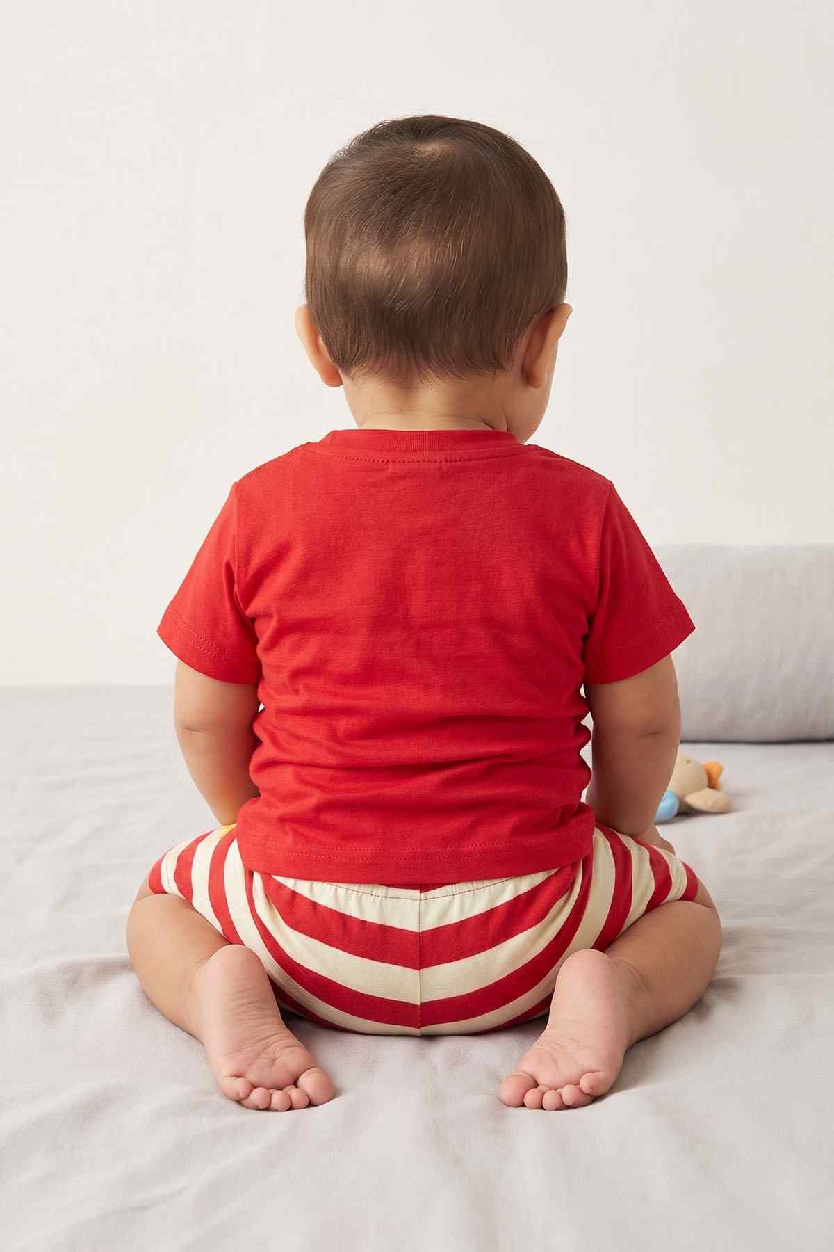 Red baby T-shirt and red-and-white striped shorts, back view