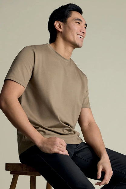 Men's tan crew-neck T-shirt, relaxed fit, short sleeves