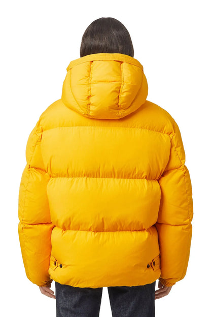 Diesel yellow puffer jacket with hood, quilted back and button details