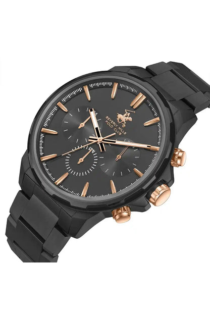 Black sport watch on rose-gold side details, dial with chronograph subdials