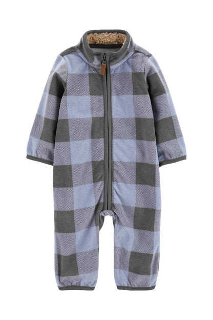 Carter's plaid fleece footed zip-up one-piece, light blue and dark gray