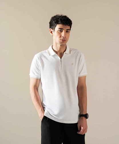 White fitted polo shirt with half-zip neckline, short cuffed sleeves, contrast trim, logo