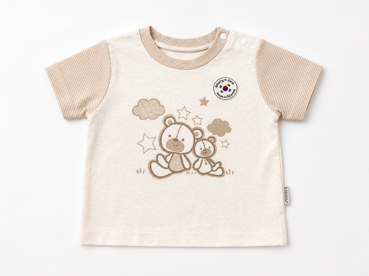 Cream baby T-shirt with teddy bear stars print, striped sleeves, snap button