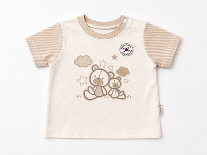 Cream baby T-shirt with teddy bear stars print, striped sleeves, snap button