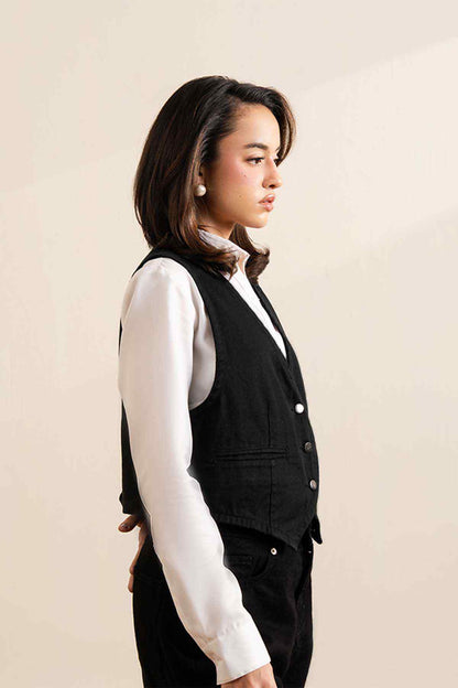 Fitted black V-neck button-front sleeveless vest with chest pocket