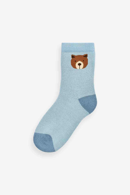 Light blue kids sock with bear face graphic and darker blue toe and heel