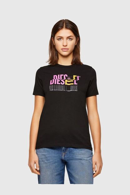 Black Diesel crewneck T-shirt with colorful logo graphic on front