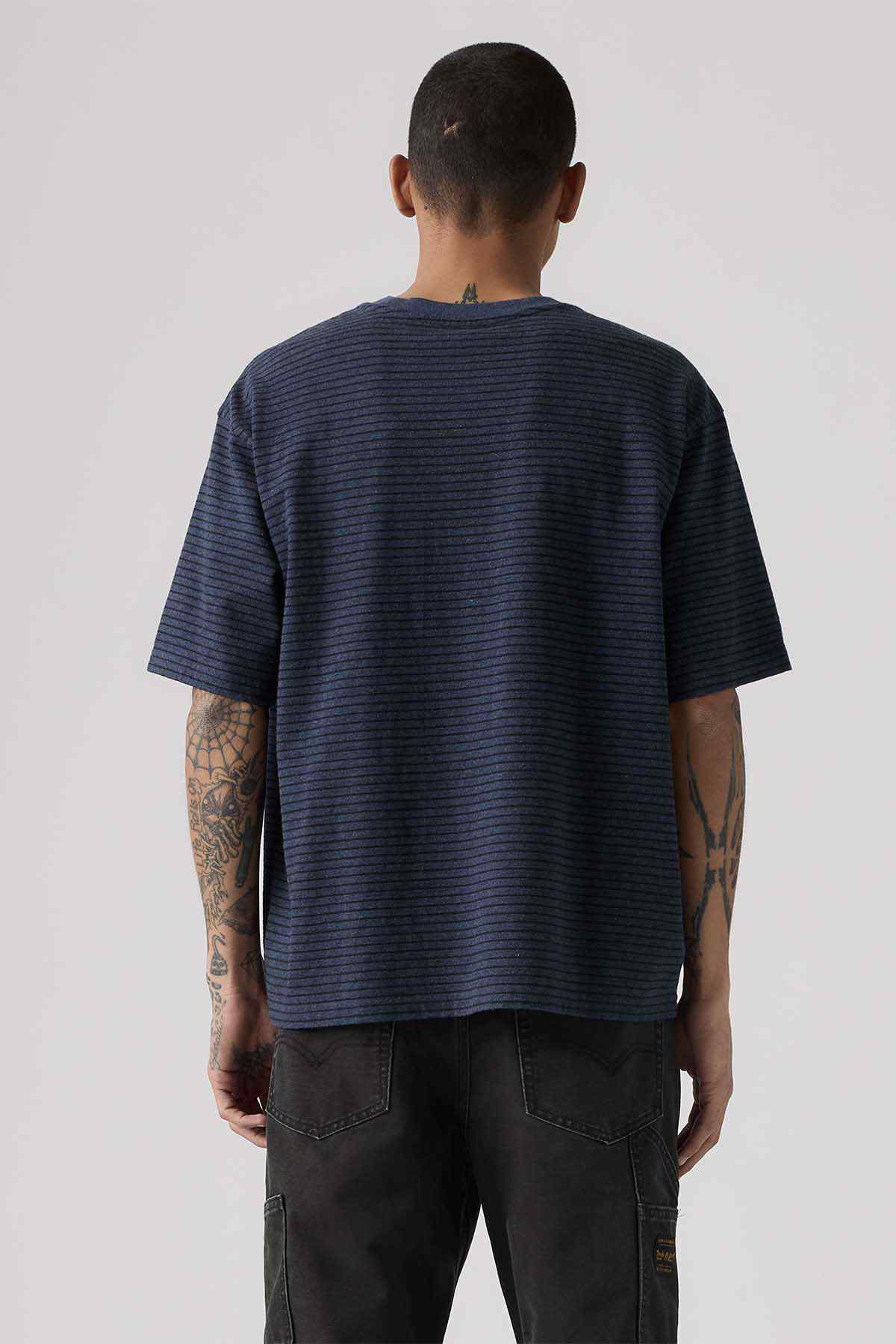 Navy blue striped short-sleeve T-shirt, back view with crew neck