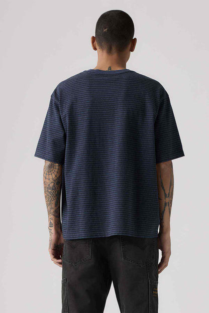 Navy blue striped short-sleeve T-shirt, back view with crew neck