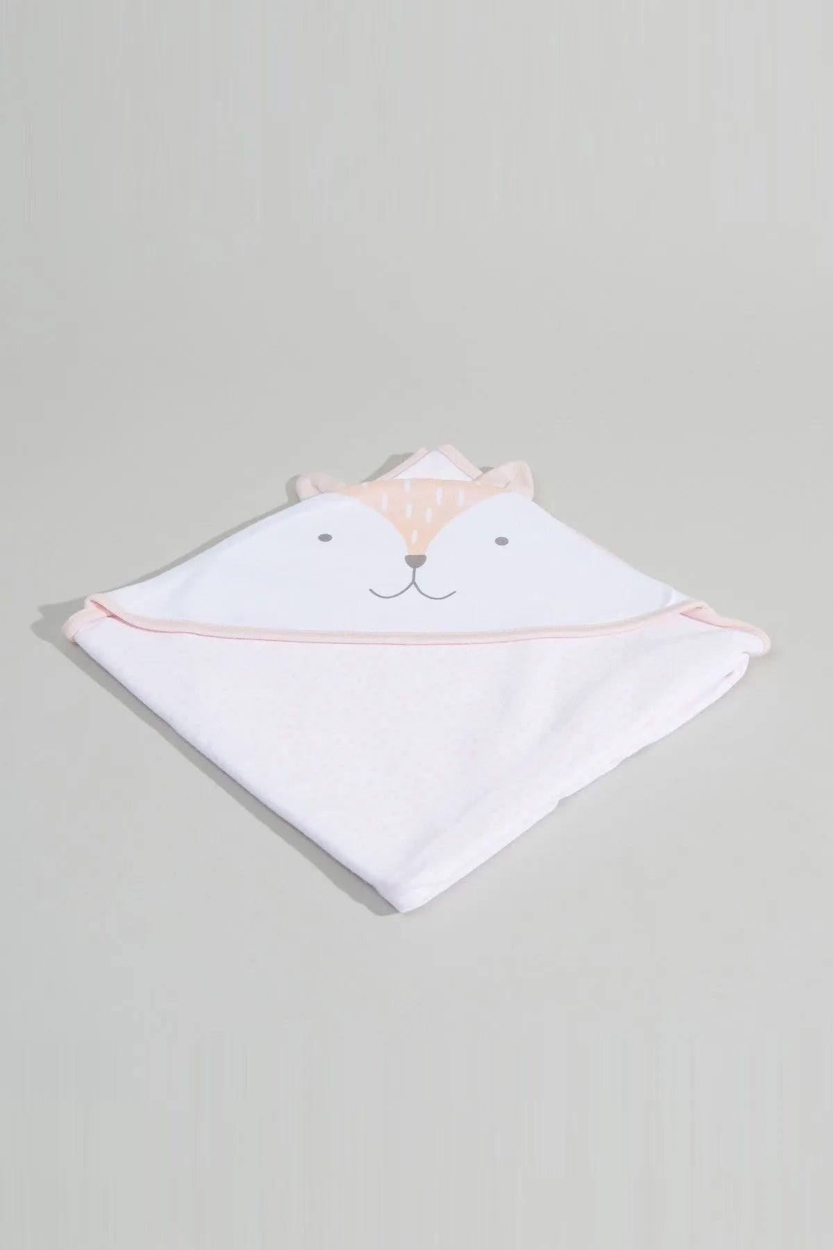 Hooded baby towel with rabbit face and pink ears, white with peach trim