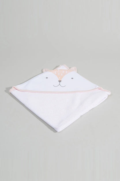 Hooded baby towel with rabbit face and pink ears, white with peach trim