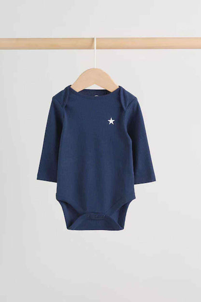 Navy baby long-sleeve bodysuit with a small white star on chest