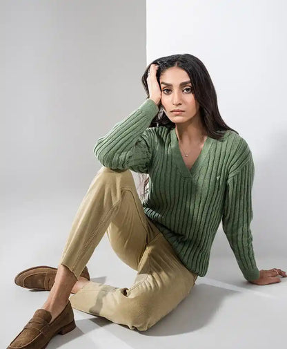 Green knit V-neck sweater with ribbed texture and long fitted sleeves
