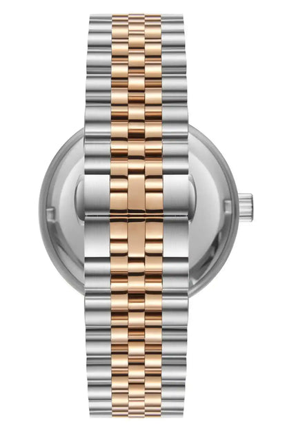 Two-tone wristwatch close-up of dial and bracelet, silver case with gold striped links