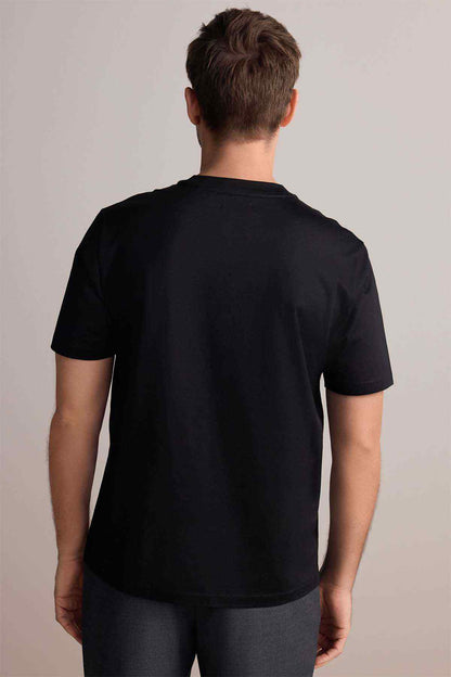 Next black crew-neck short-sleeve T-shirt on model, back view