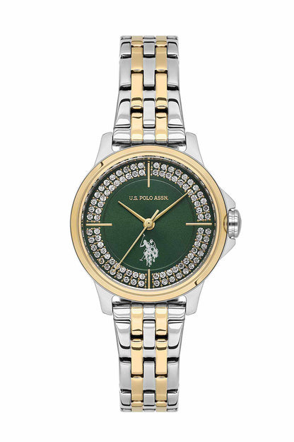 U.S. Polo Assn green dial two-tone rhinestone bezel wristwatch with metal bracelet