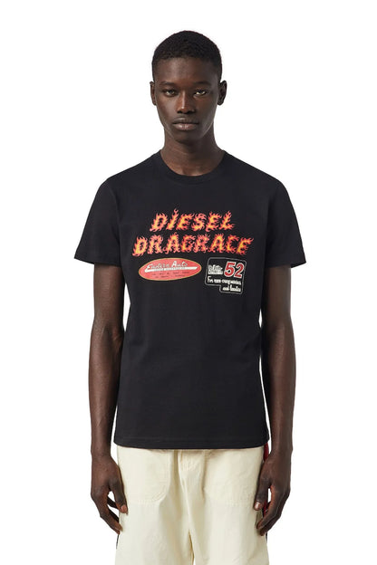 Black Diesel graphic T-shirt with orange slogan and race logo print