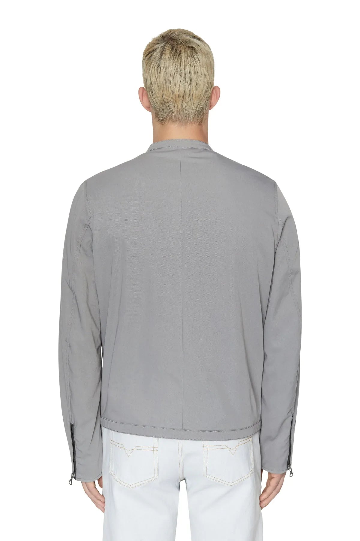 Grey zip-up jacket back view with stand collar and full back panel