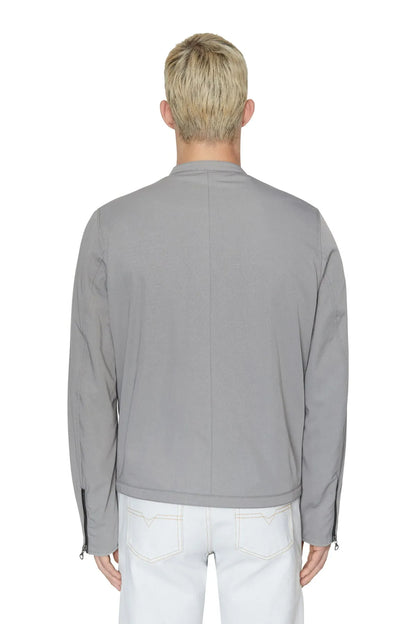 Grey zip-up jacket back view with stand collar and full back panel