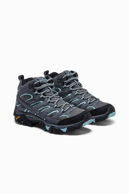Merrell hiking shoes, side view with lace-up closure and teal-striped design