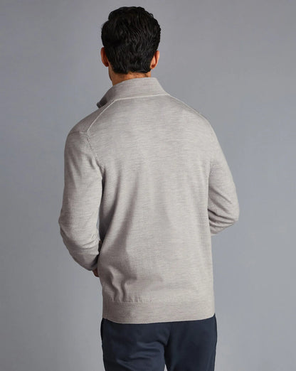 Men's grey knit sweater back view with quarter-zip