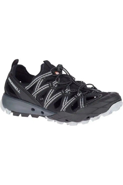 Merrell black trail running shoe with lace-up mesh and silver stripe detailing