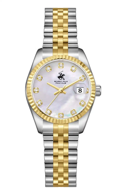 BHPC two-tone gold and silver wristwatch with round light dial and baton hands