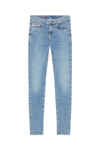 Light blue denim jeans, straight leg, five-pocket styling, button fly and belt loops.