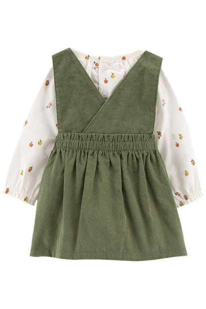 Olive pinafore dress with gathered skirt, front button placket, and fruit-print sleeves