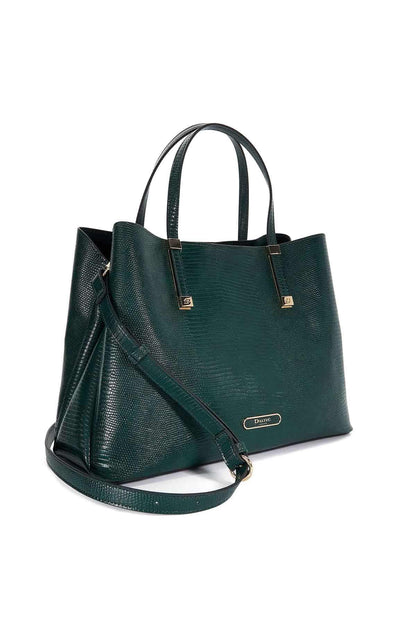 Dark green structured tote bag with shoulder strap and gold hardware, Dune London plaque