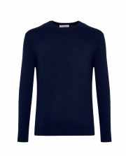 Navy blue knit crewneck sweater with long sleeves and ribbed cuffs