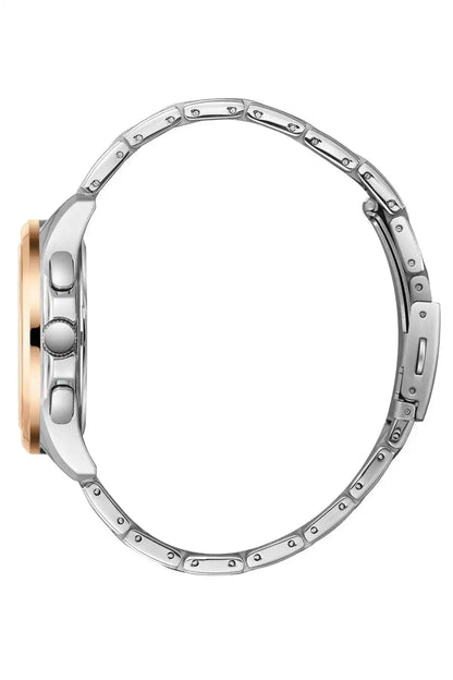 Two-tone metal watch case back with linked bracelet, gold accents