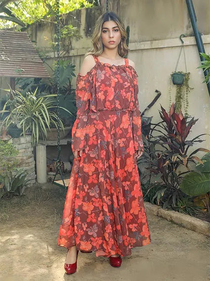 Nazmina red floral off-shoulder maxi dress with ruffled neckline, long sleeves
