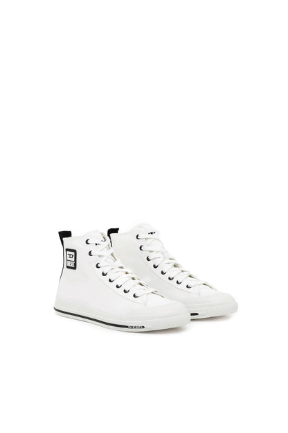 White high-top lace-up sneakers, two-tone black and white side branding