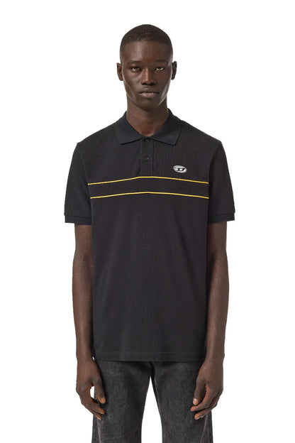 Diesel black polo shirt with short sleeves, button placket, yellow stripe and oval logo