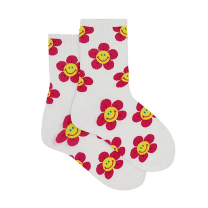 White crew socks with red-pink flower and smiley bee prints