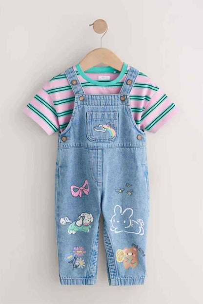 Kids light-wash denim short overalls with striped tee and cute animal patches