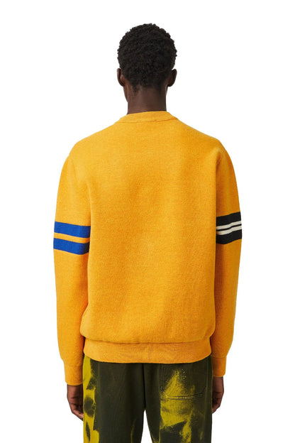 Orange crewneck sweatshirt back view with striped sleeve bands