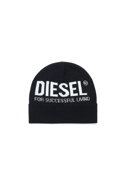 Black knit beanie with Diesel logo text at front.