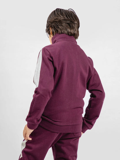 Burgundy kids zip-up tracksuit jacket and pants, back view