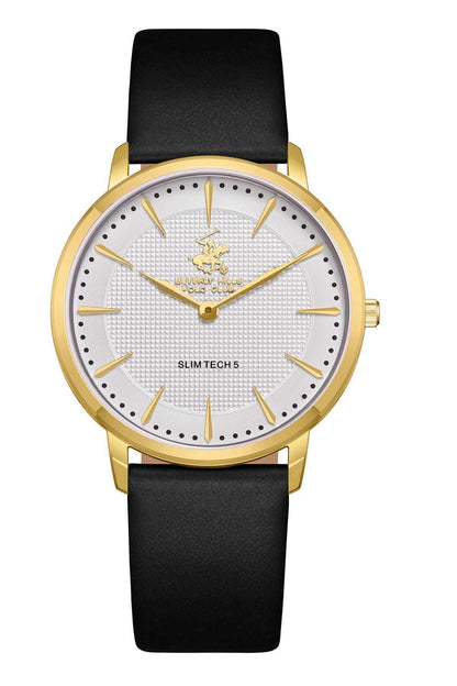 Gold-tone round watch with black leather strap and white dial, slim gold markers