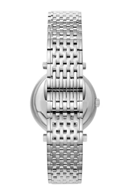 BHPC watch with silver mesh bracelet and clasp, close-up side view