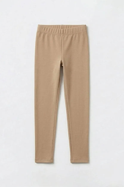 Beige slim-fit ankle pants with elastic waistband casing