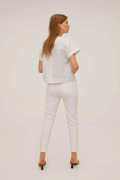 Women's white short-sleeve button top and cropped pants, back view