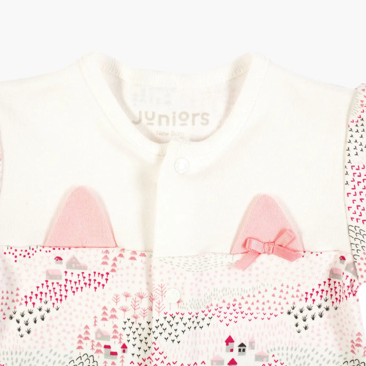Babyshop baby romper close-up, button placket and pink bunny graphic, patterned fabric