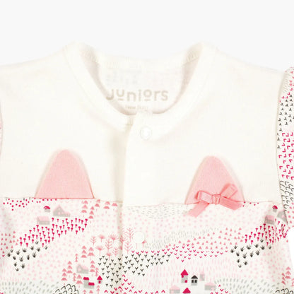 Babyshop baby romper close-up, button placket and pink bunny graphic, patterned fabric