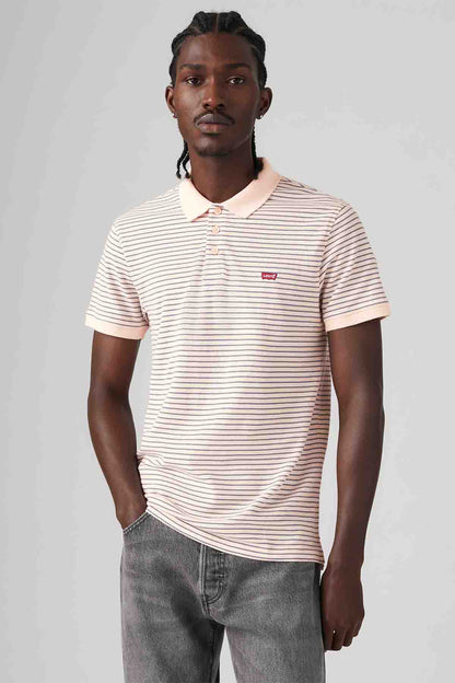 Levi's pink-and-white striped polo shirt with short sleeves and button placket